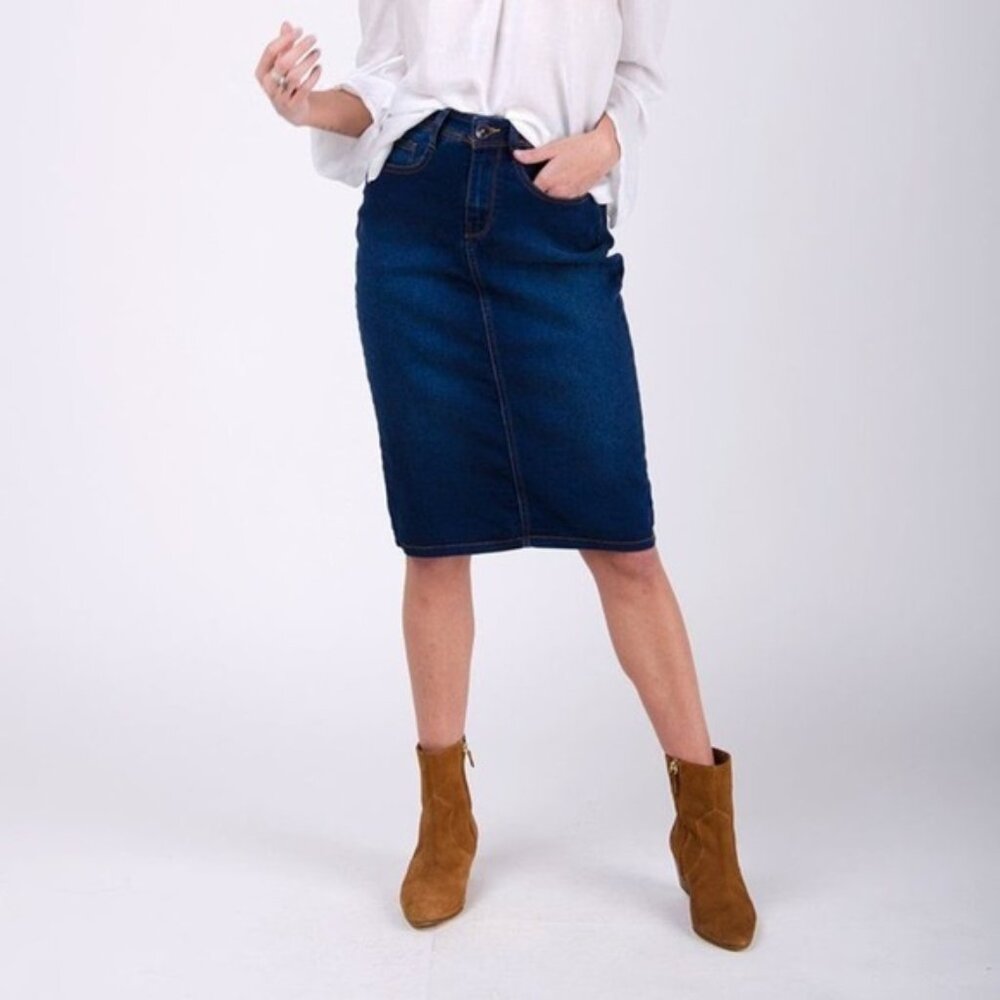 Project Indigo Stretch Denim Skirt Women's Sz 10 Blue Boho Mid Length Western - Picture 6 of 6